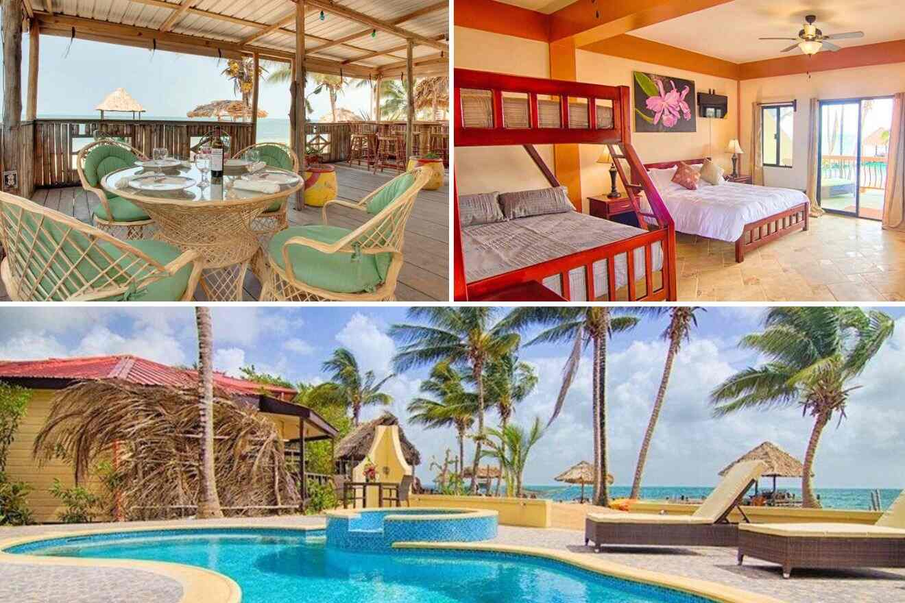 collage with bedroom, restaurant and swimming pool