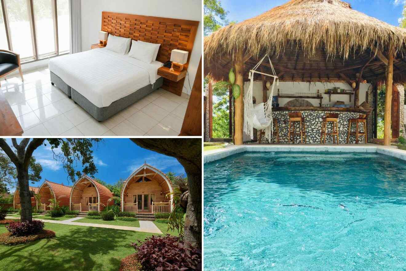 Collage of three hotel pictures: bedroom, cottages exterior and outdoor pool with a bar