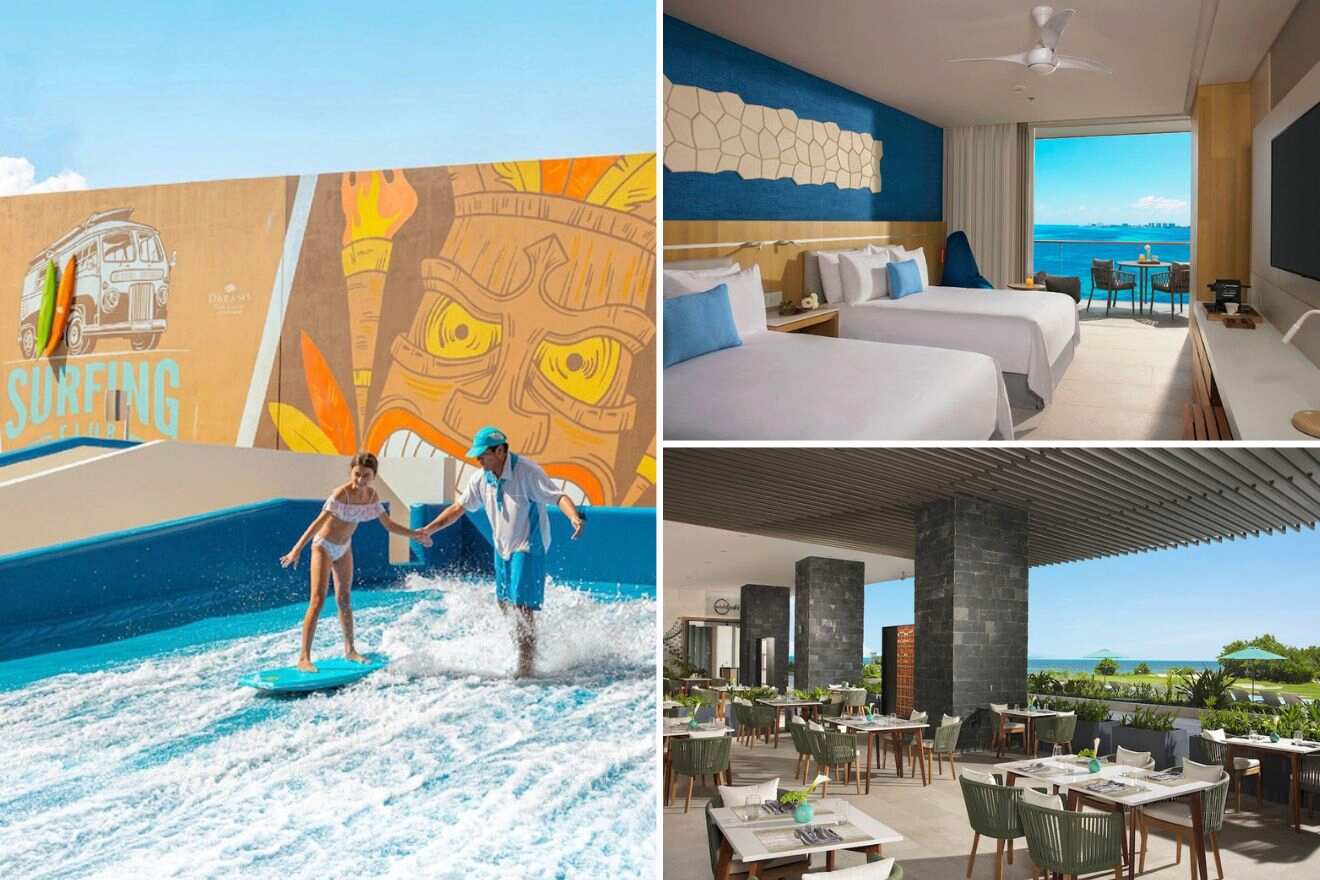 collage with waterpark with surfing club, bedroom and restaurant terrace