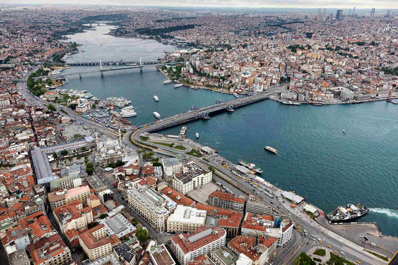 Aerial view of Istanbul highlighting the convergence of the Golden Horn and Bosphorus with the Ataturk Bridge, surrounded by dense urban areas and various vessels navigating the waterways