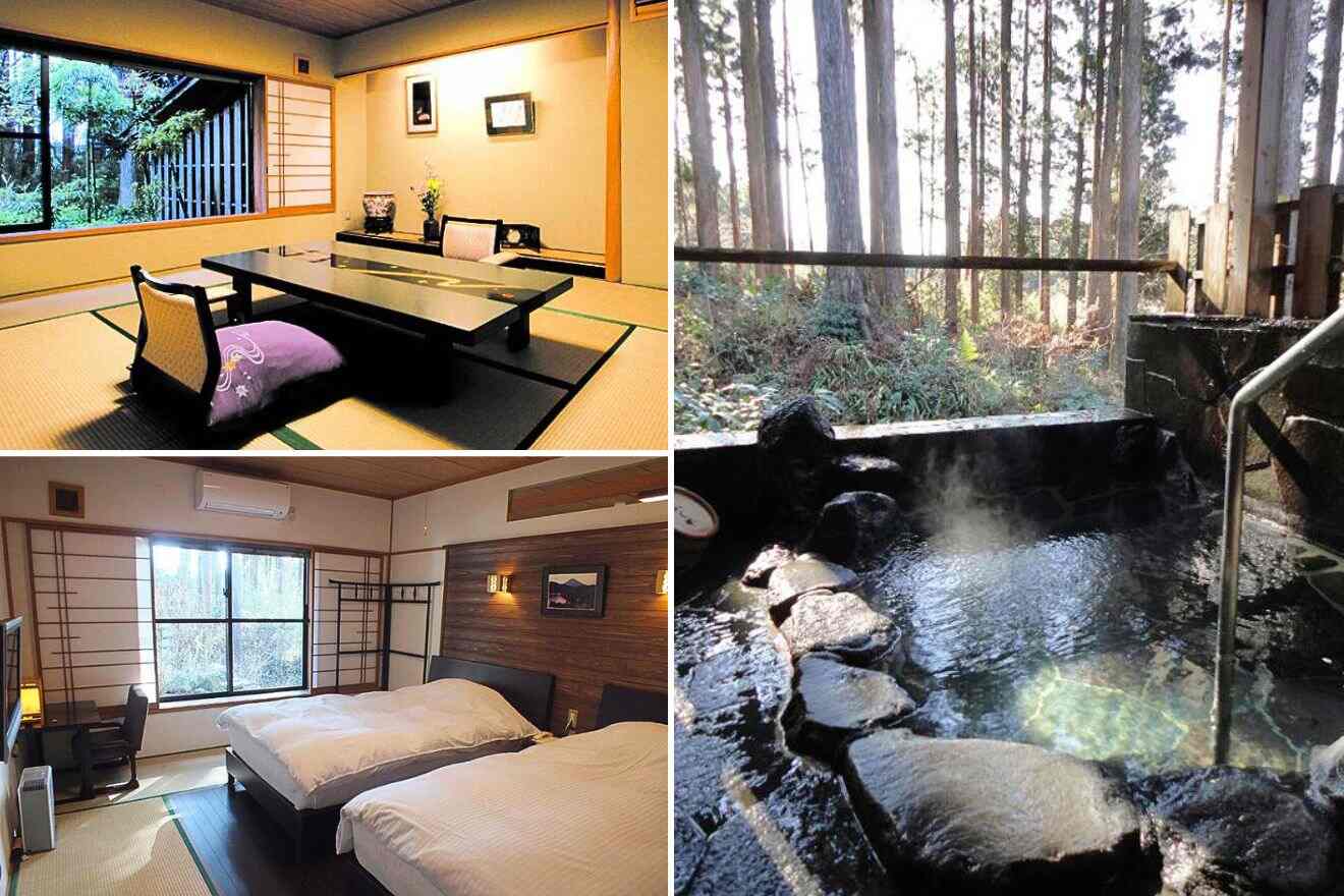 collage of three images of a Hakone Ryokan with: a private onsen; a bedroom and a table with chairs
