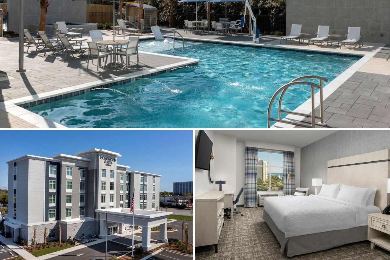 Collage of three hotel pictures: outdoor pool, hotel exterior, and bedroom