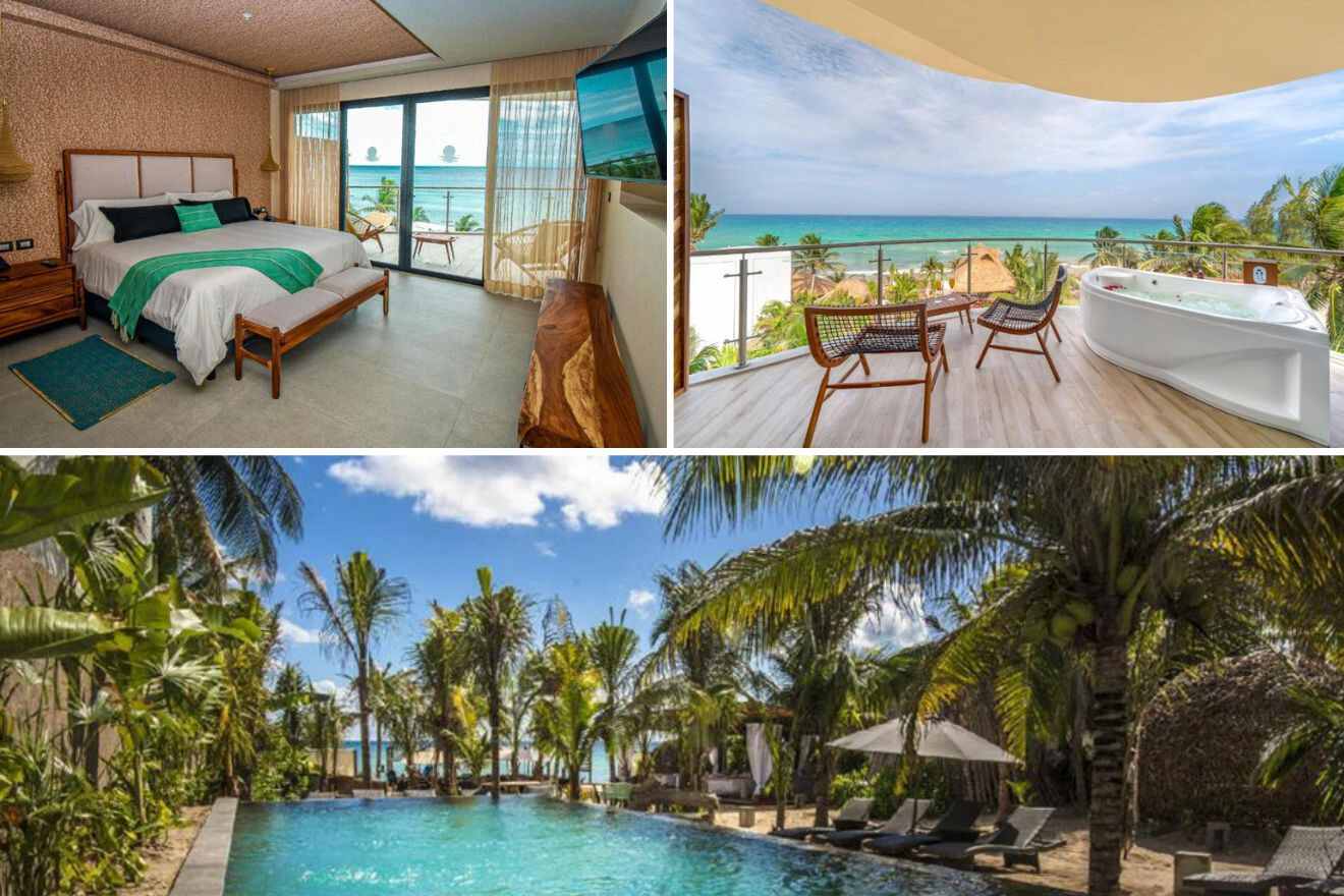 a collage of photos of a resort with a pool, jacuzzi on the terrace and a bedroom
