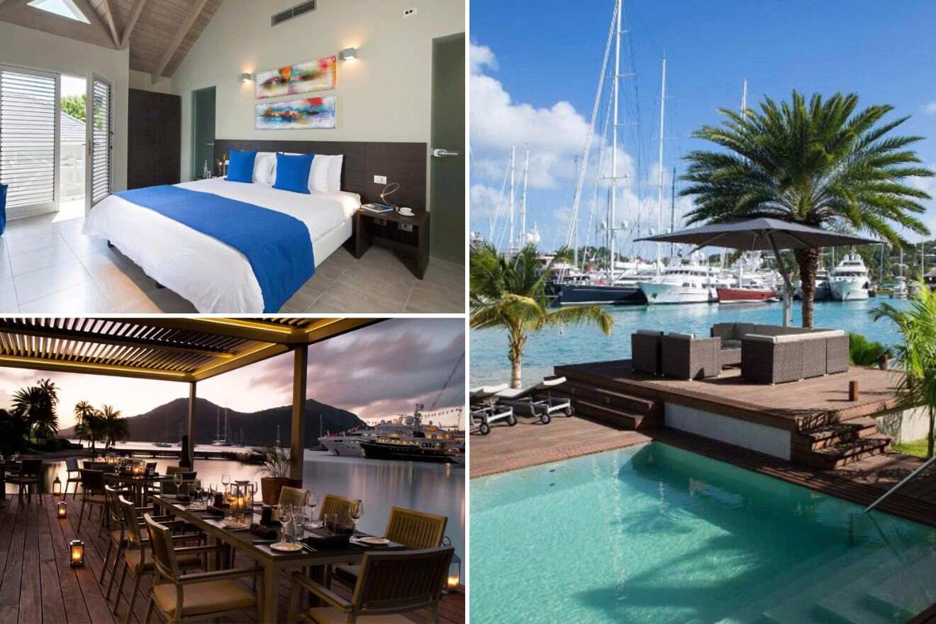 collage with swimming pool and view of boats in the harbor, bedroom and restaurant on the deck