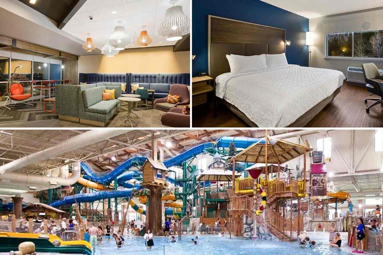 collage of three images with: waterpark, a lounge and bedroom