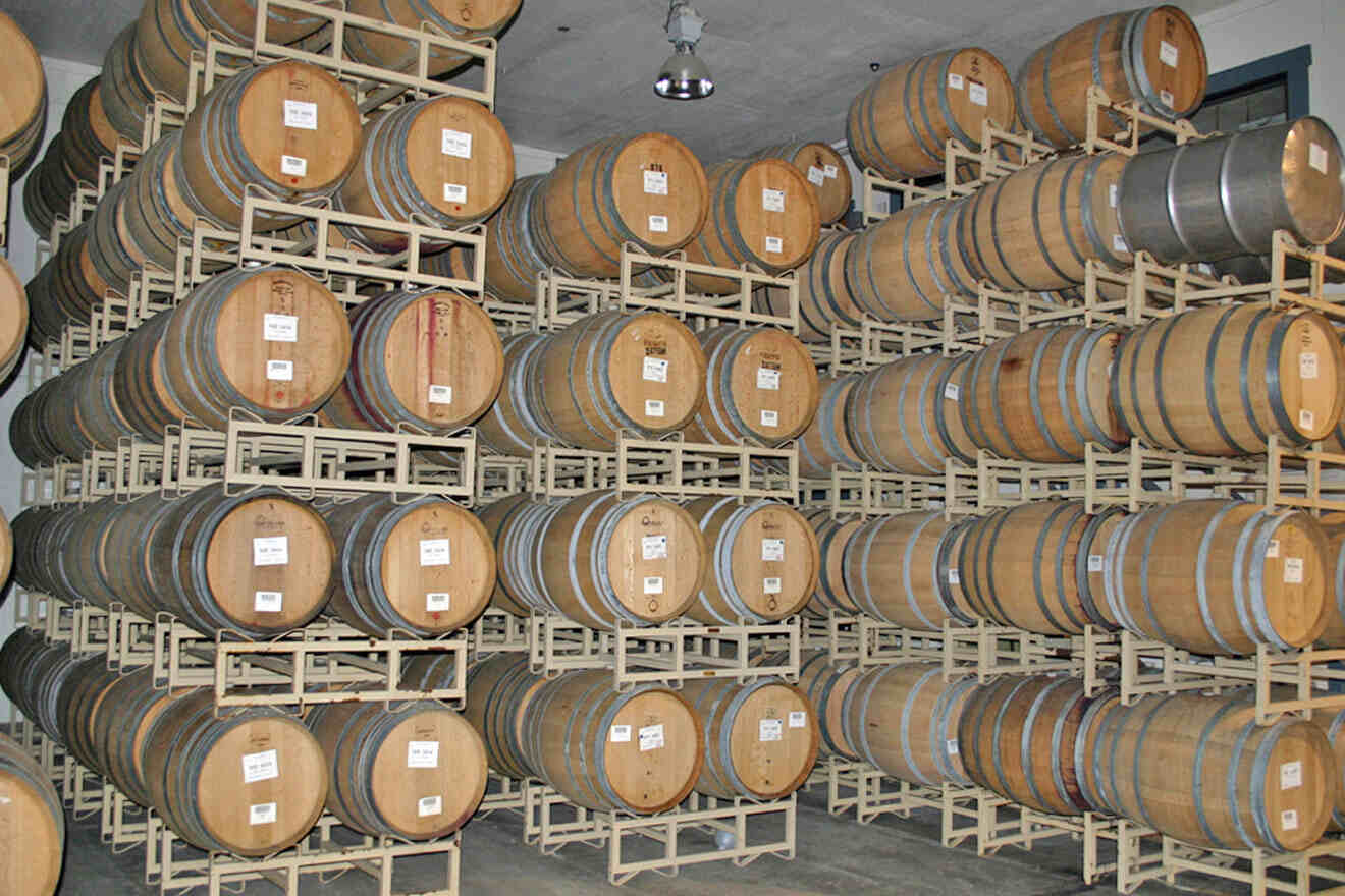 a room filled with lots of wooden barrels