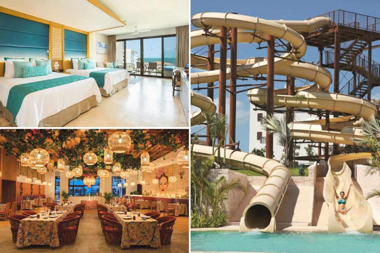 collage with waterpark, bedroom and restaurant