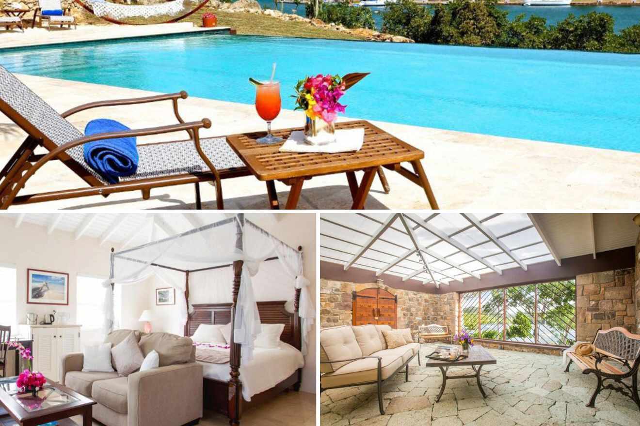 collage with swimming pool, bedroom and outdoor lounge