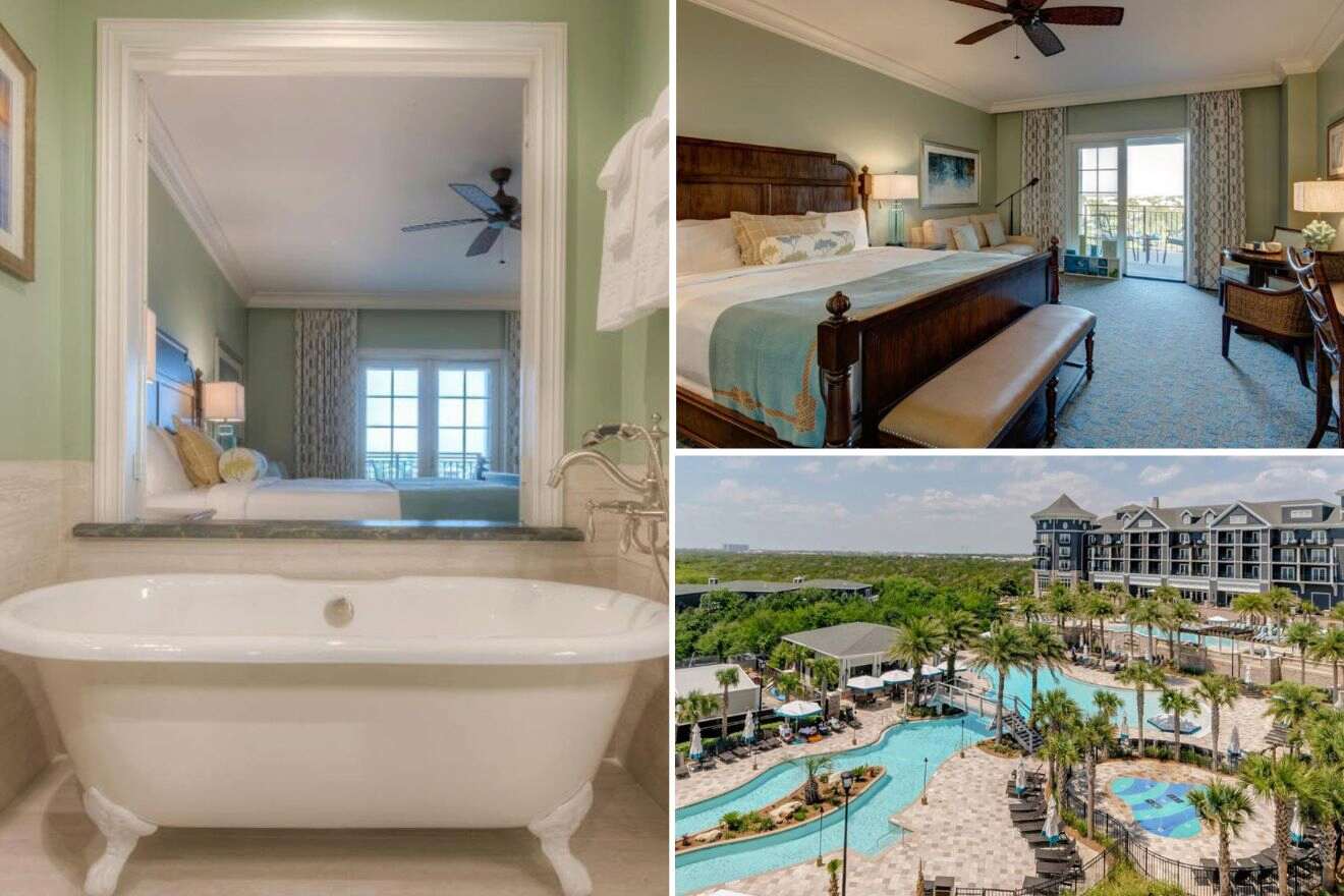 Collage of three hotel pictures: in-room tub, bedroom, and aerial view of outdoor pool