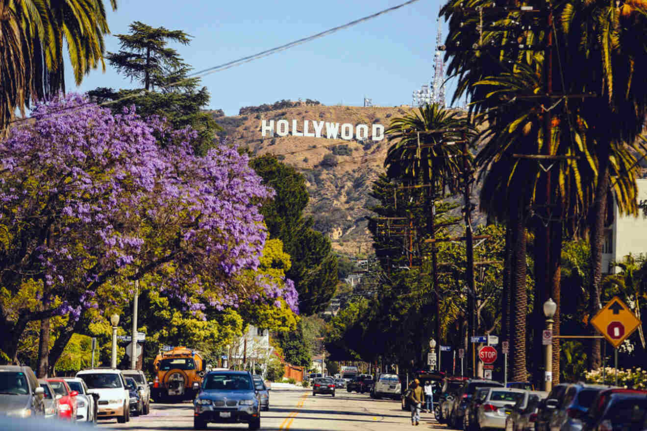 a street leading to the Hollywood sign and cars parked on the side of it