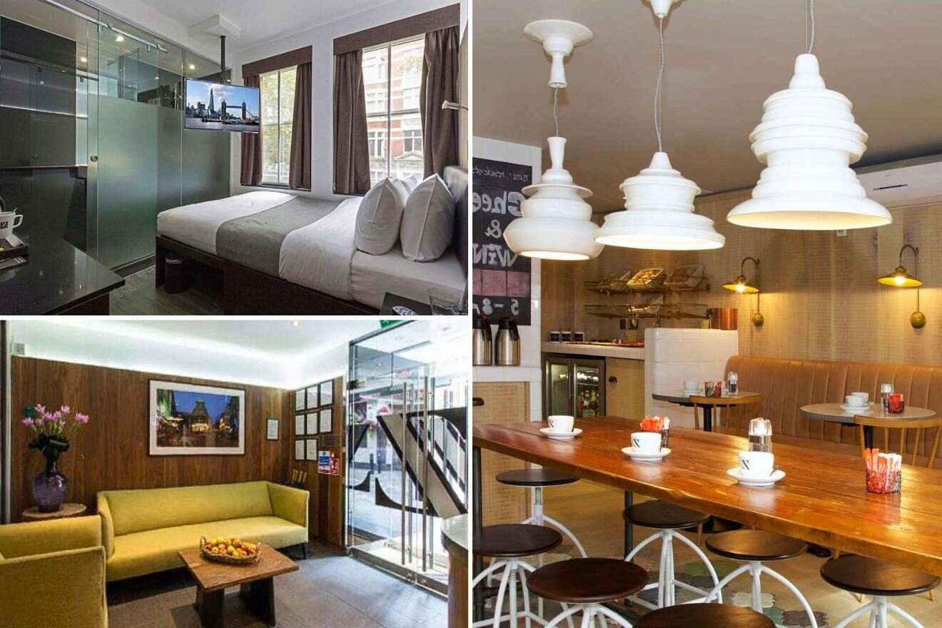 Collage of three hotel pictures: a living room, dining room and lounge area