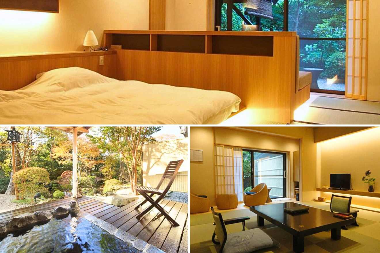 collage of three images: a private onsen, a bedroom and a table with chairs