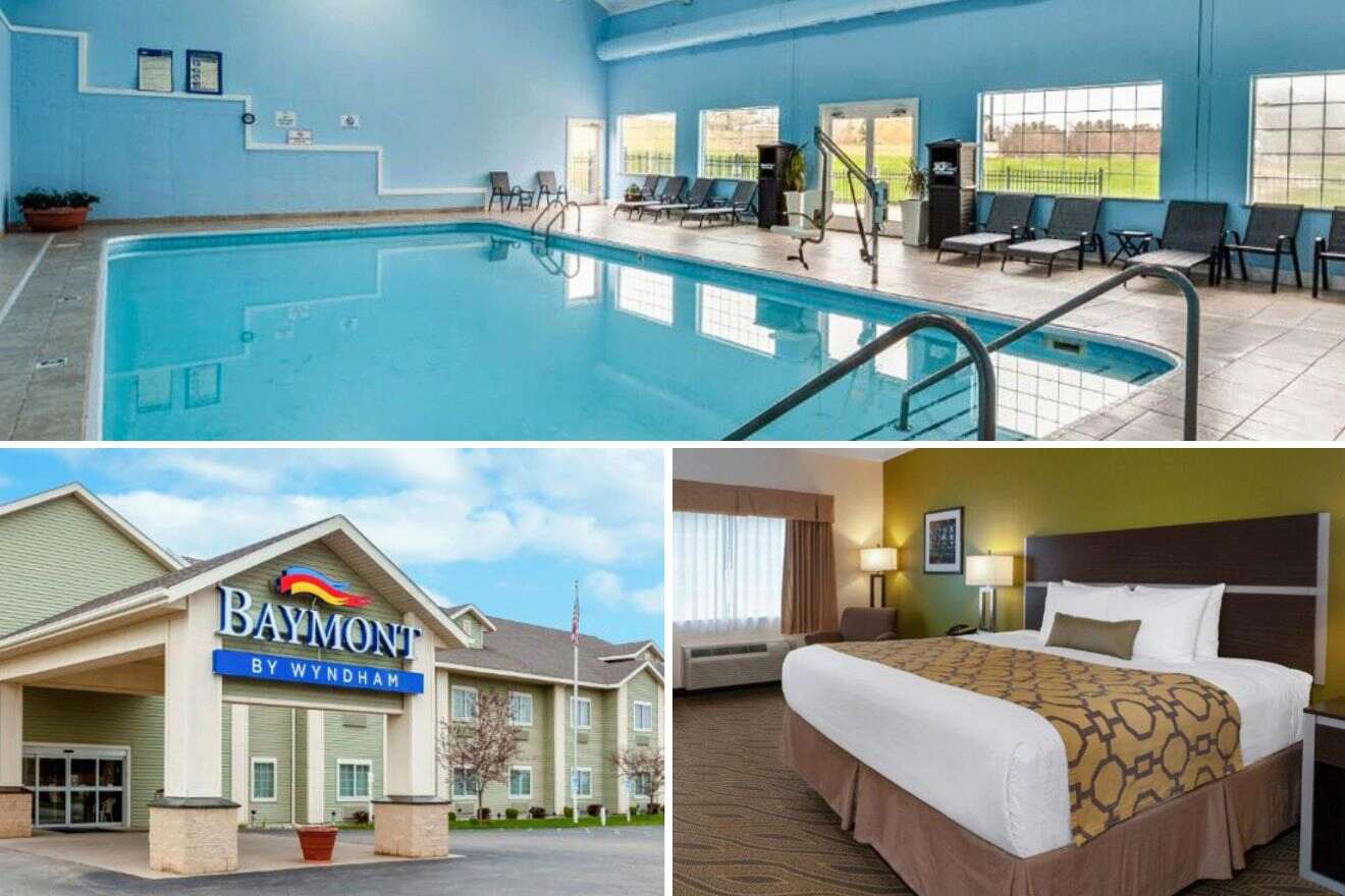 collage of three images with: hotel's building, a pool and bedroom