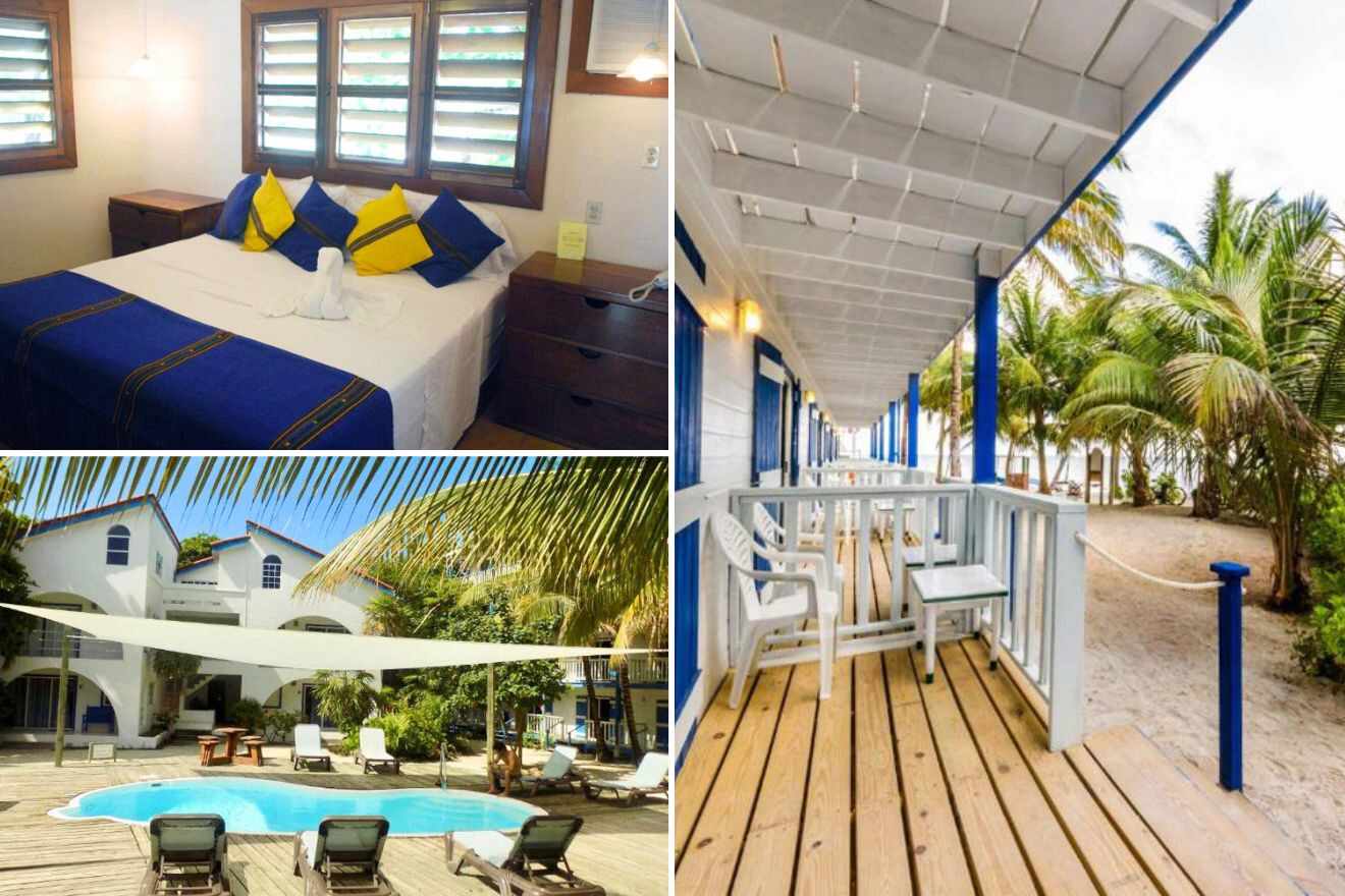 collage with bedroom, lounge on the deck and swimming pool