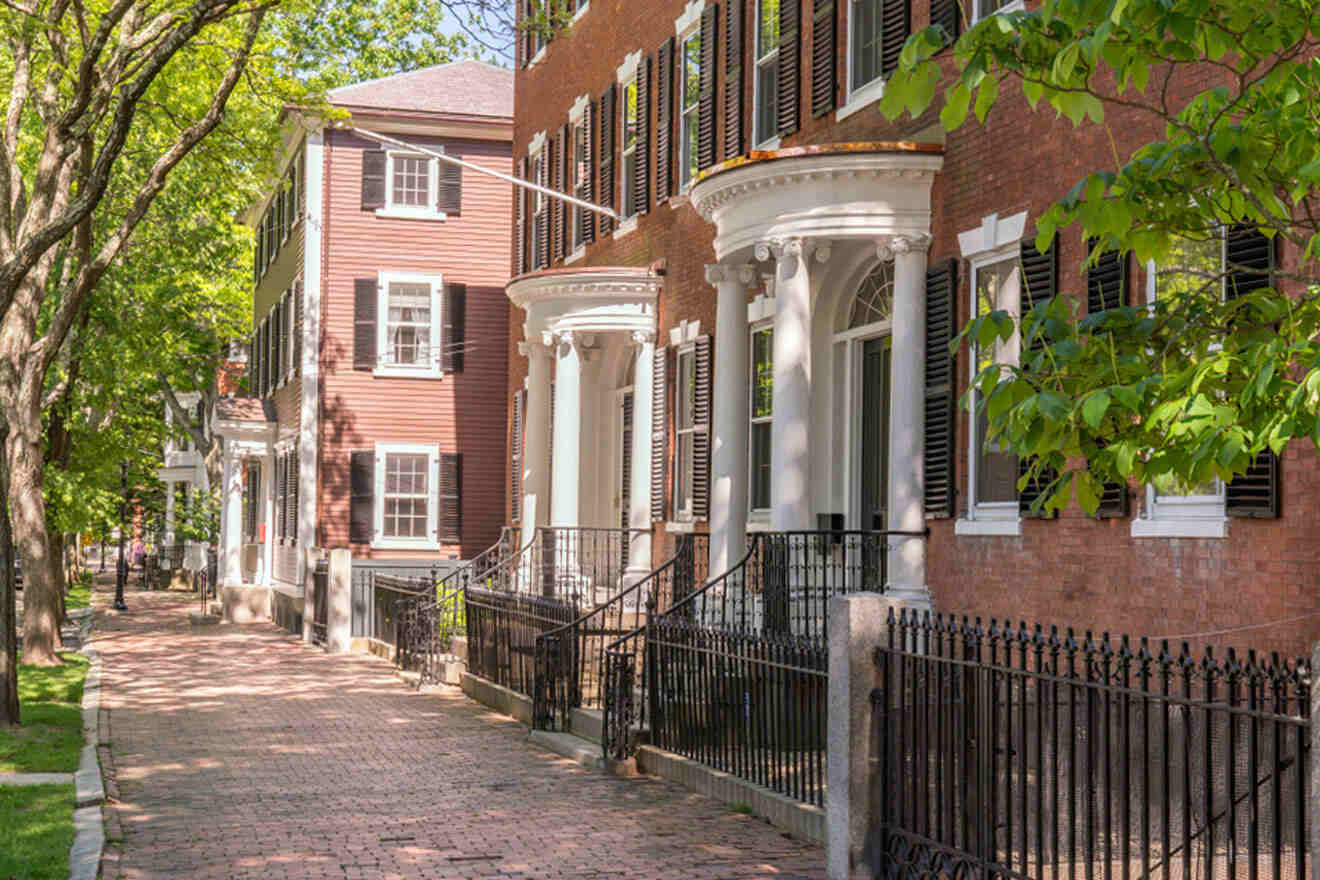 a row of historic houses with black fences and lots of trees in front of them