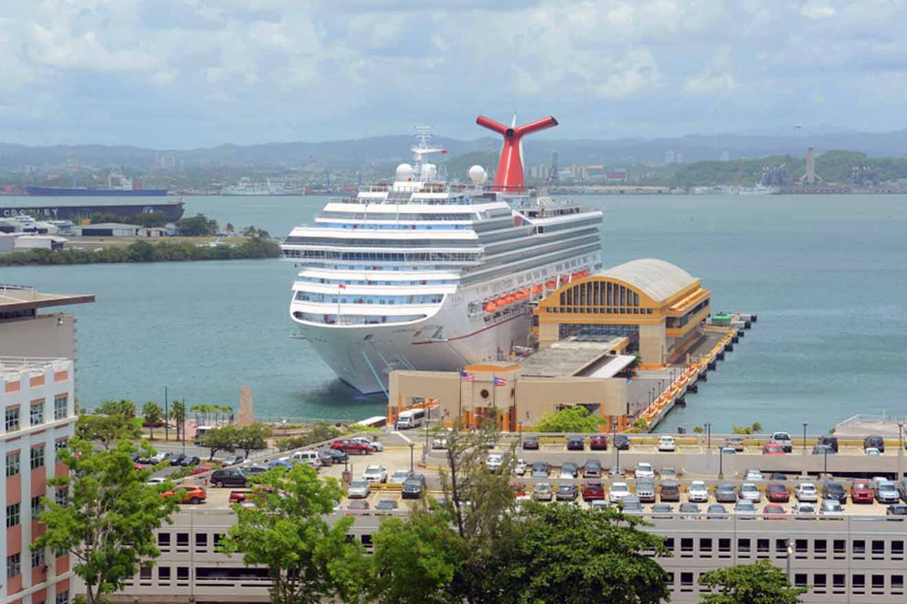 a large cruise ship docked at a port