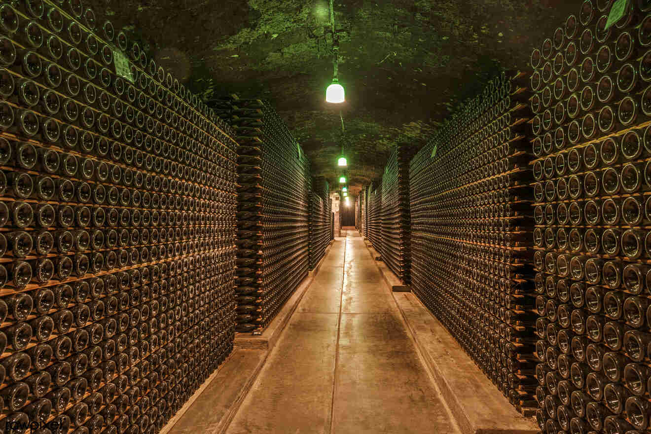 wine cellar hall surrounded by wine bottles