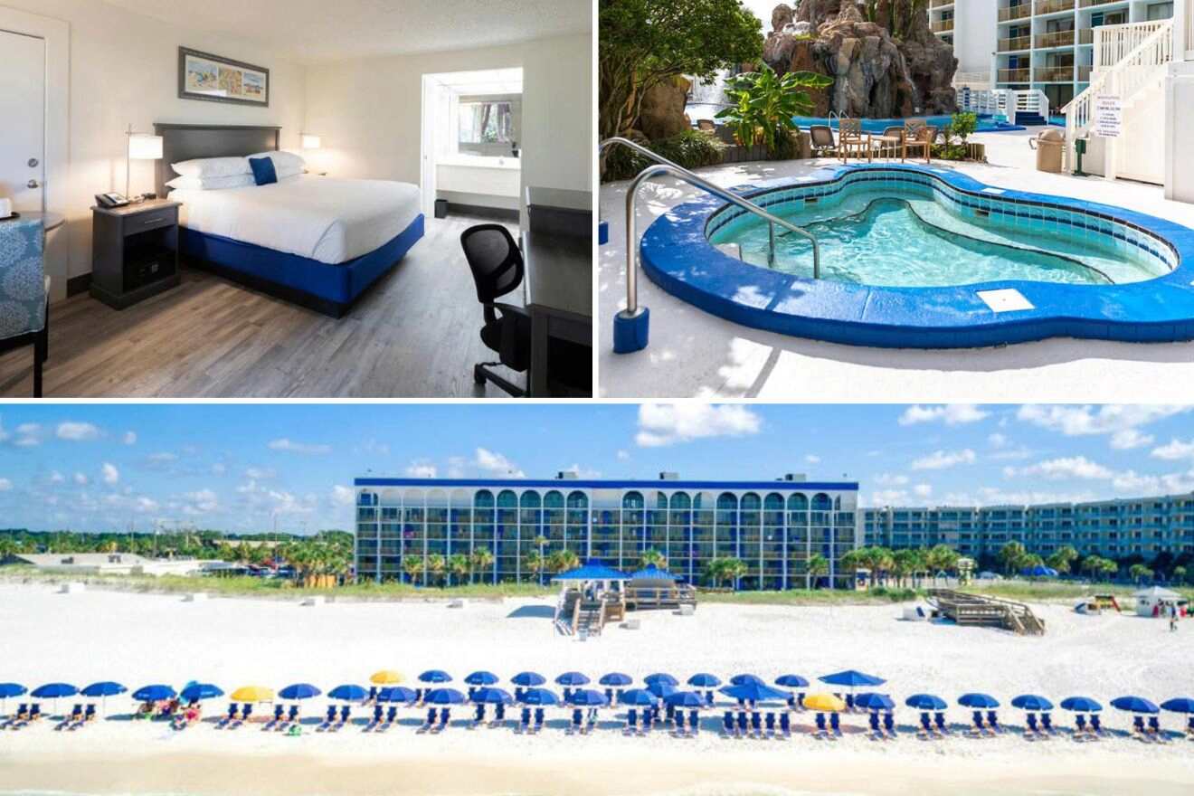 Collage of three hotel pictures: bedroom, outdoor jacuzzi, and view of hotel exterior and umbrellas on the beach