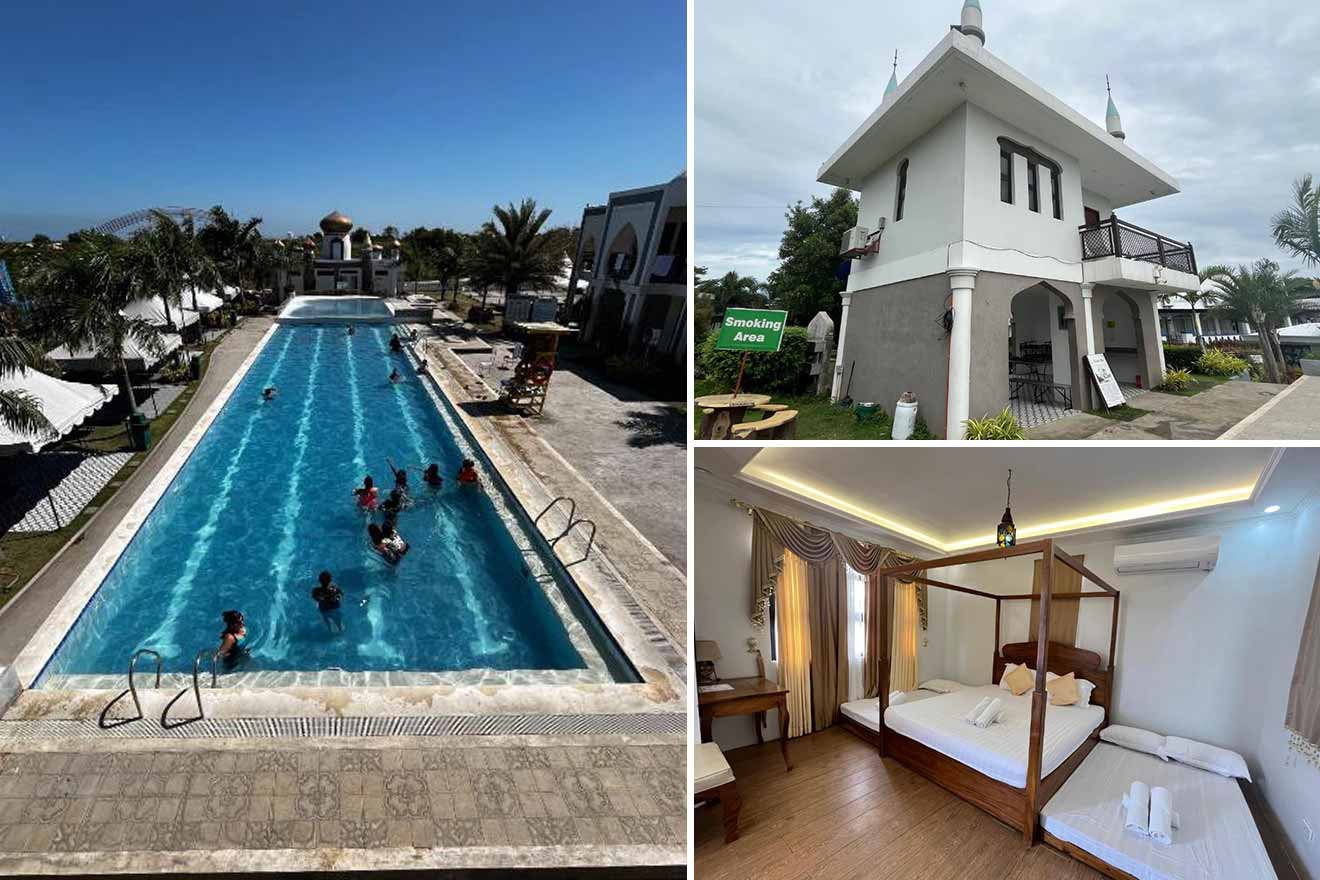collage of photos: house, swimming pool and bedroom