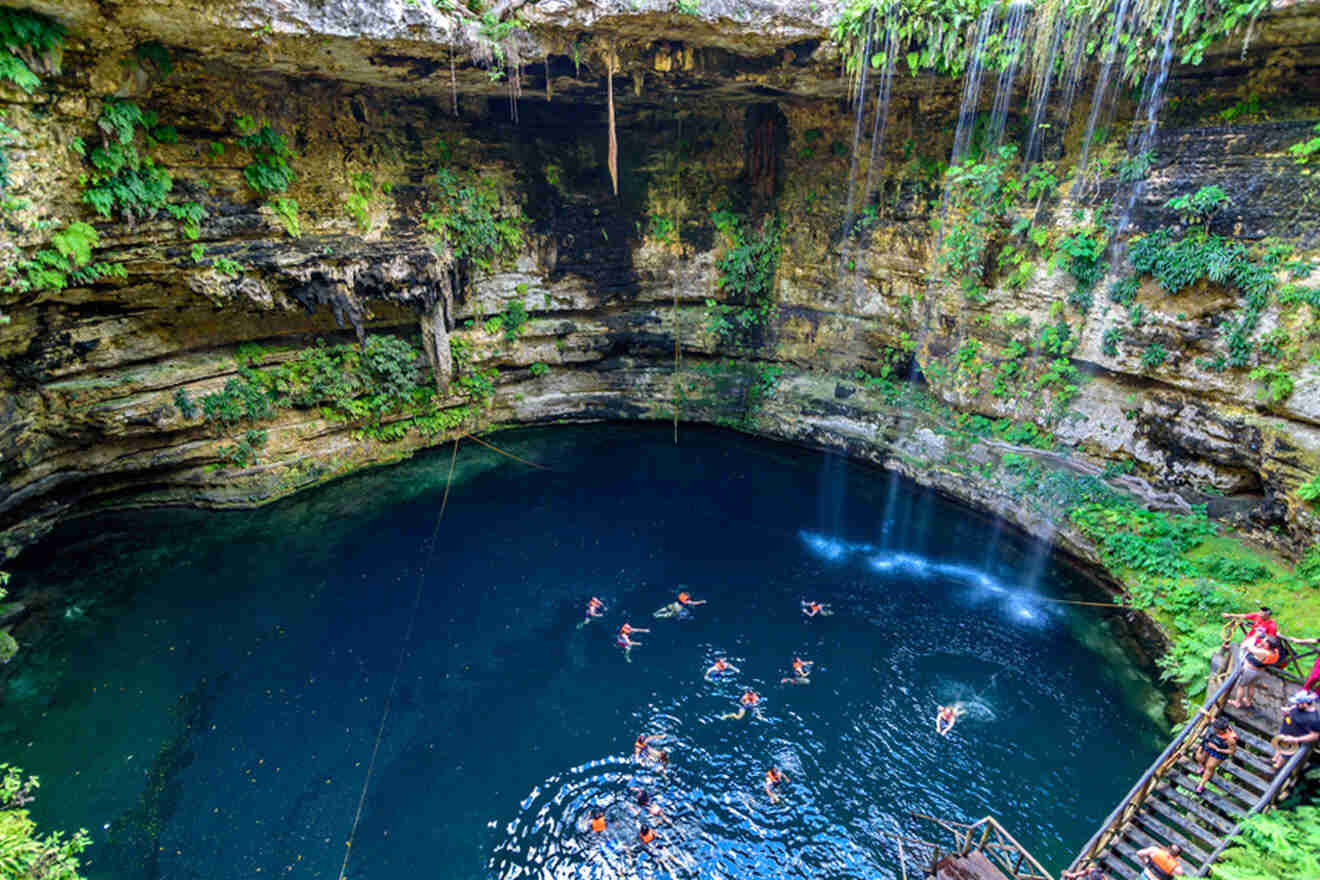 lots of tourists swimming in a cenote