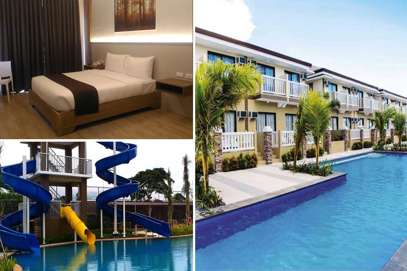collage of photos: hotel with a pool, bedroom and waterslides