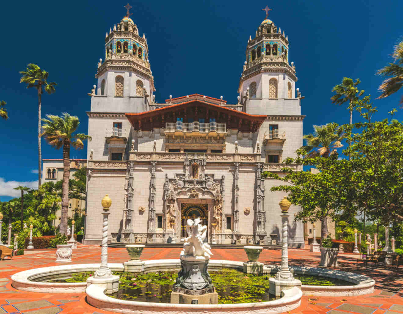 View of the Hearst Castle building with a fountain in front of it