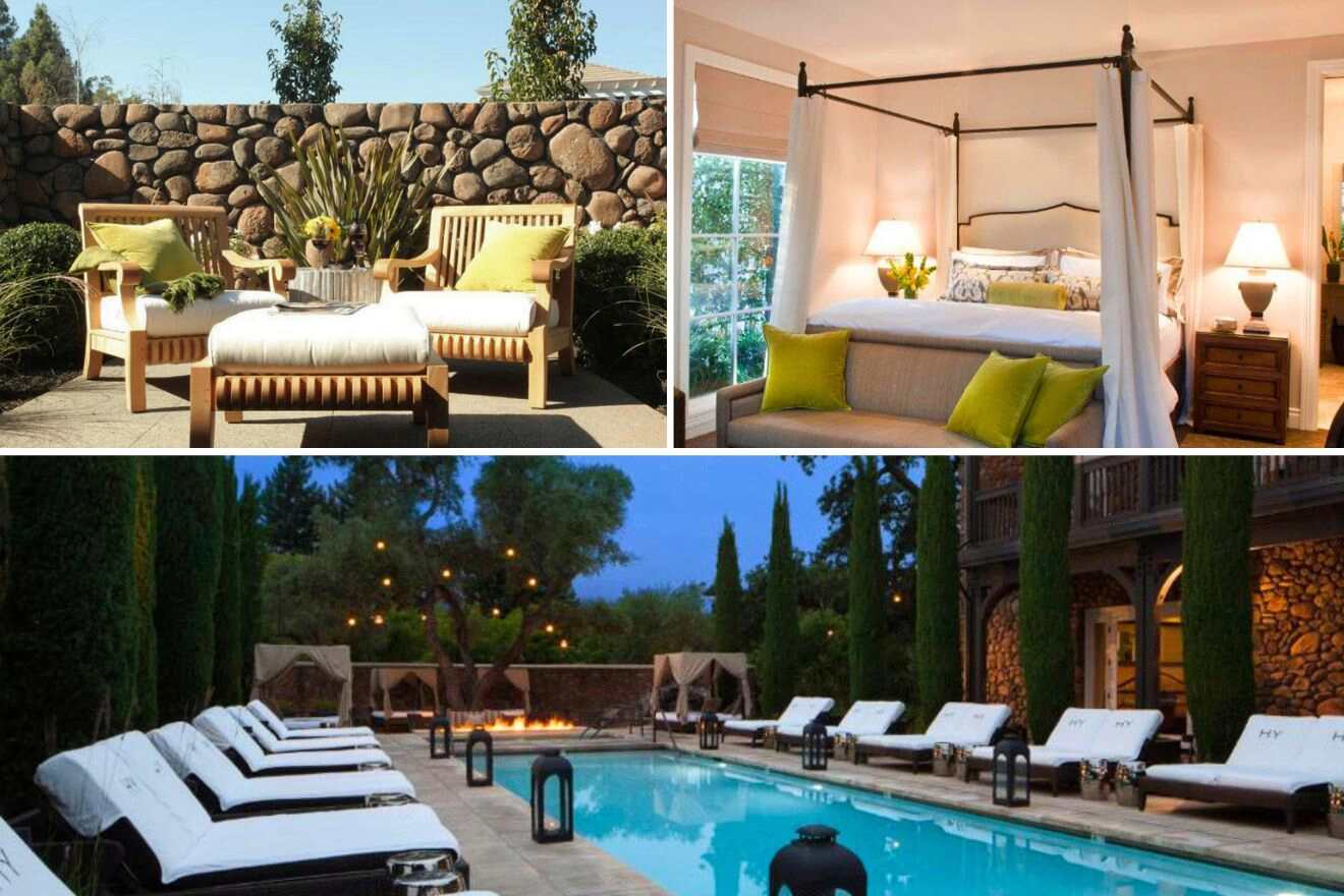 collage of a hotel with an outdoor chilling area, bedroom and a pool with sunbeds at night