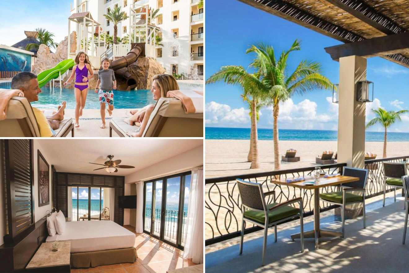 collage with family at a waterpark, bedroom and beachfront terrace