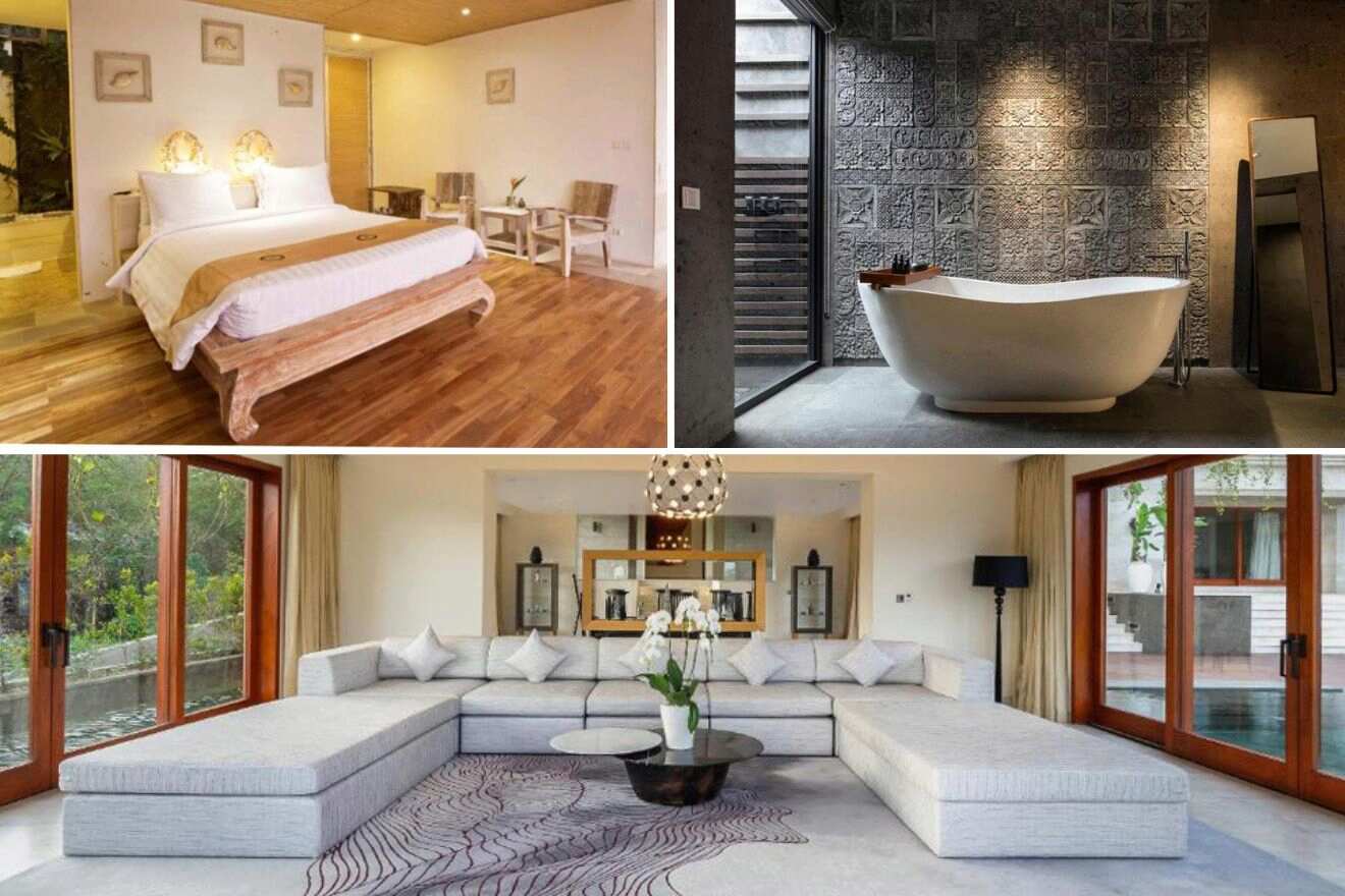 Collage of three house pictures: bedroom, hot tub, and living room