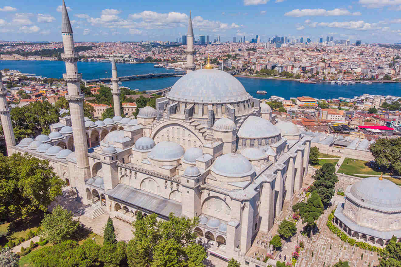 an aerial view of the blue mosque in turkey