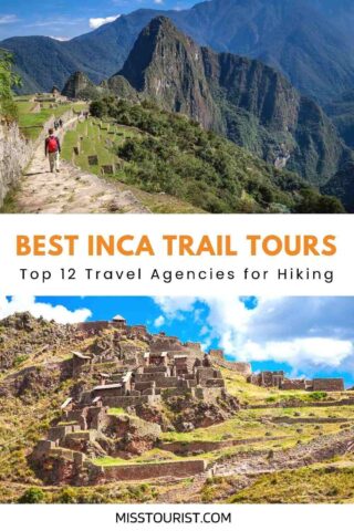 Collage of two photos: a person hiking on a mountain and ancient ruins