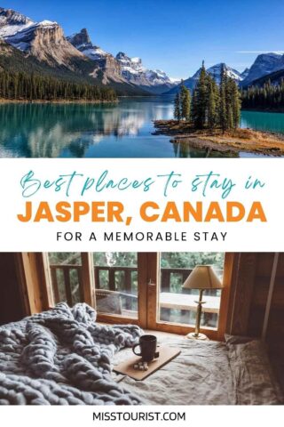 collage with a lake, mountains and trees and a bed next to a large window