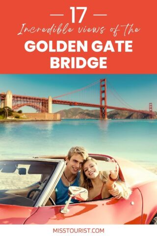 a man and woman in a red convertible car with the golden gate bridge in the background