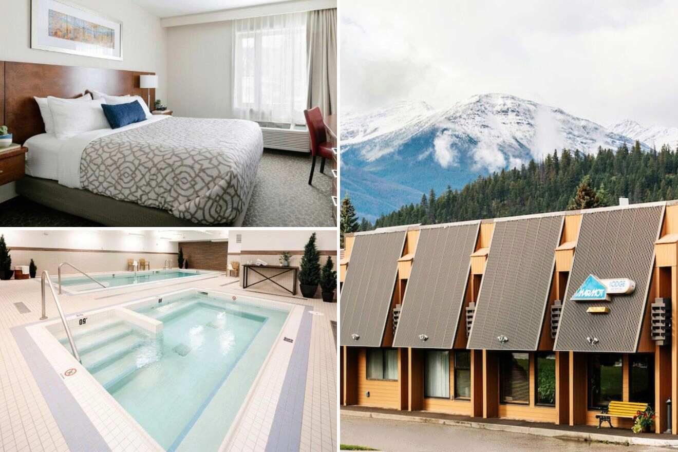 a collage with a hotel room, swimming pool and hotel's building with the mountain in the background