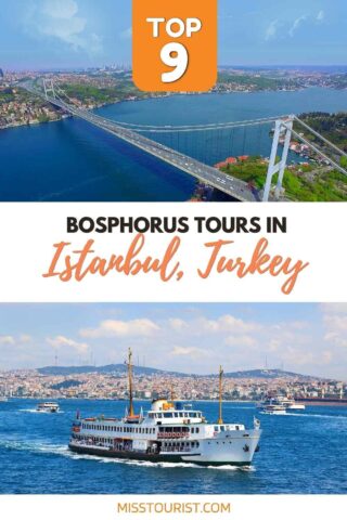 collage with aerial view over bridge in Istanbul and a cruise.