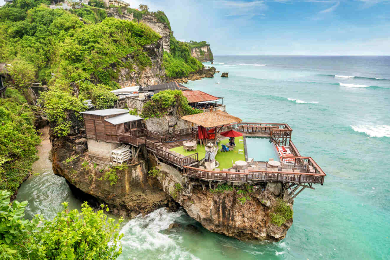 Aerial view of a hotel on a cliff