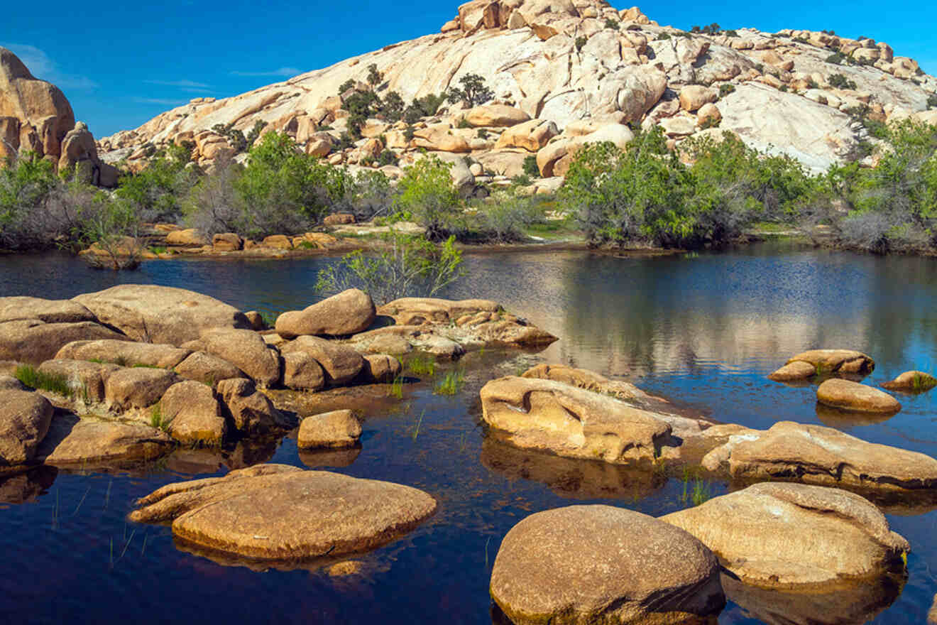 a lake surrounded by large rocks and trees