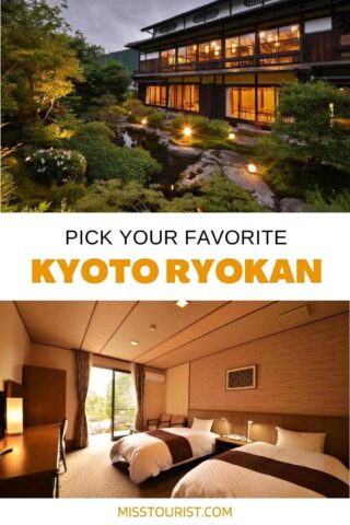 collage with 2 images: bedroom and ryokan building viewed at night