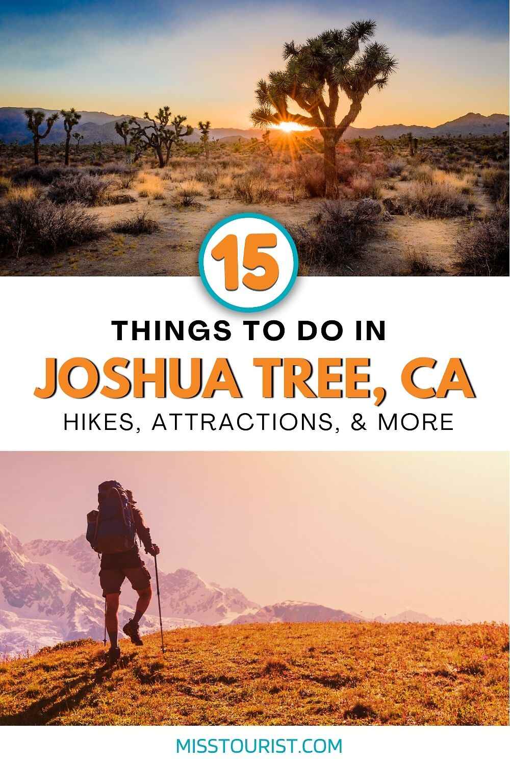 Collage of two pictures: sunset at Joshua Tree and a person hiking
