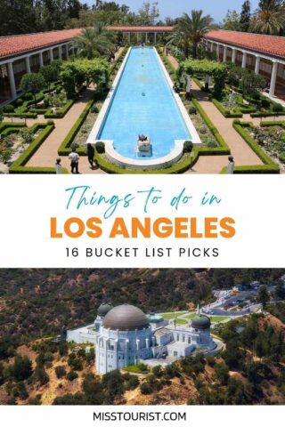 collage of two images with: an aerial view of a mansion and a pool with gardens around it