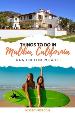collage of 2 images with: 2 ladies on the beach holding a surf board and a white building surrounded by trees