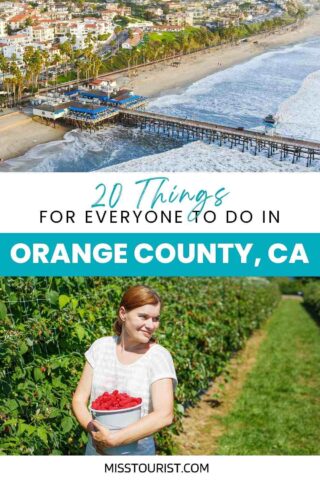 collage with a woman holding a bucket of strawberries and an aerial view over the ocean and pier