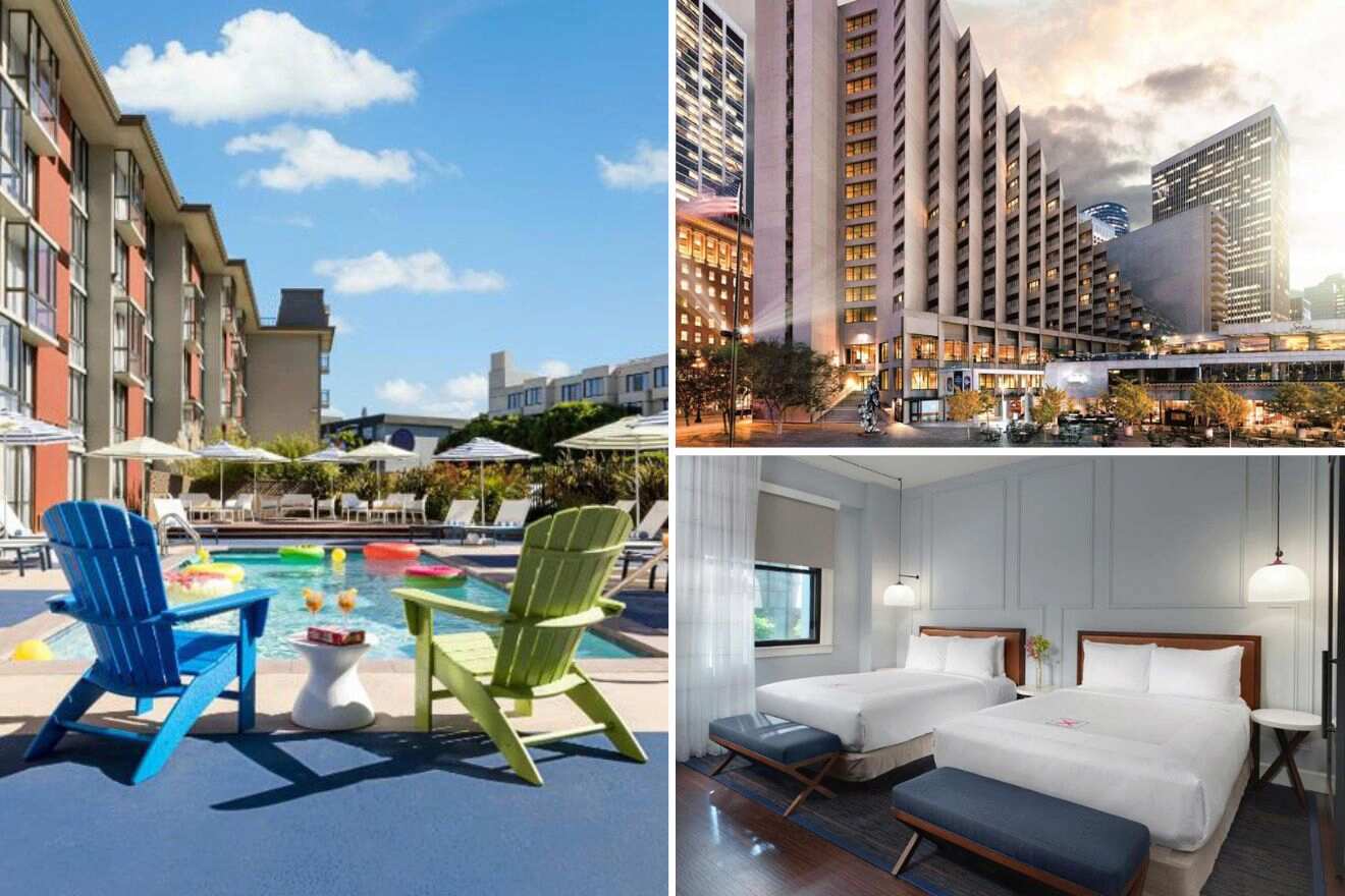 collage of 3 images with: hotel's building, bedroom and wooden chairs by the pool