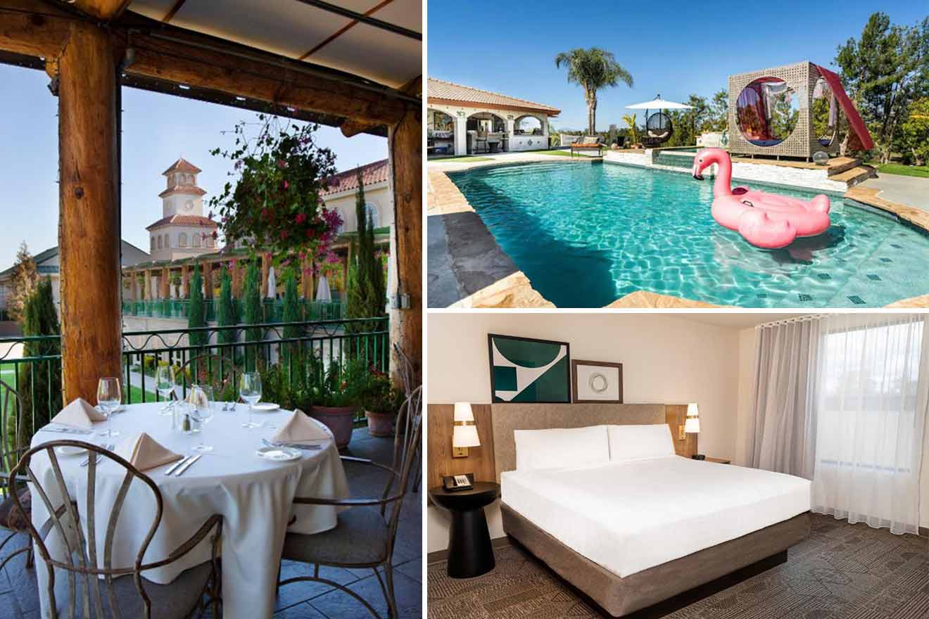 collage of 3 images with: a pool, restaurant on the terrace and a bedroom