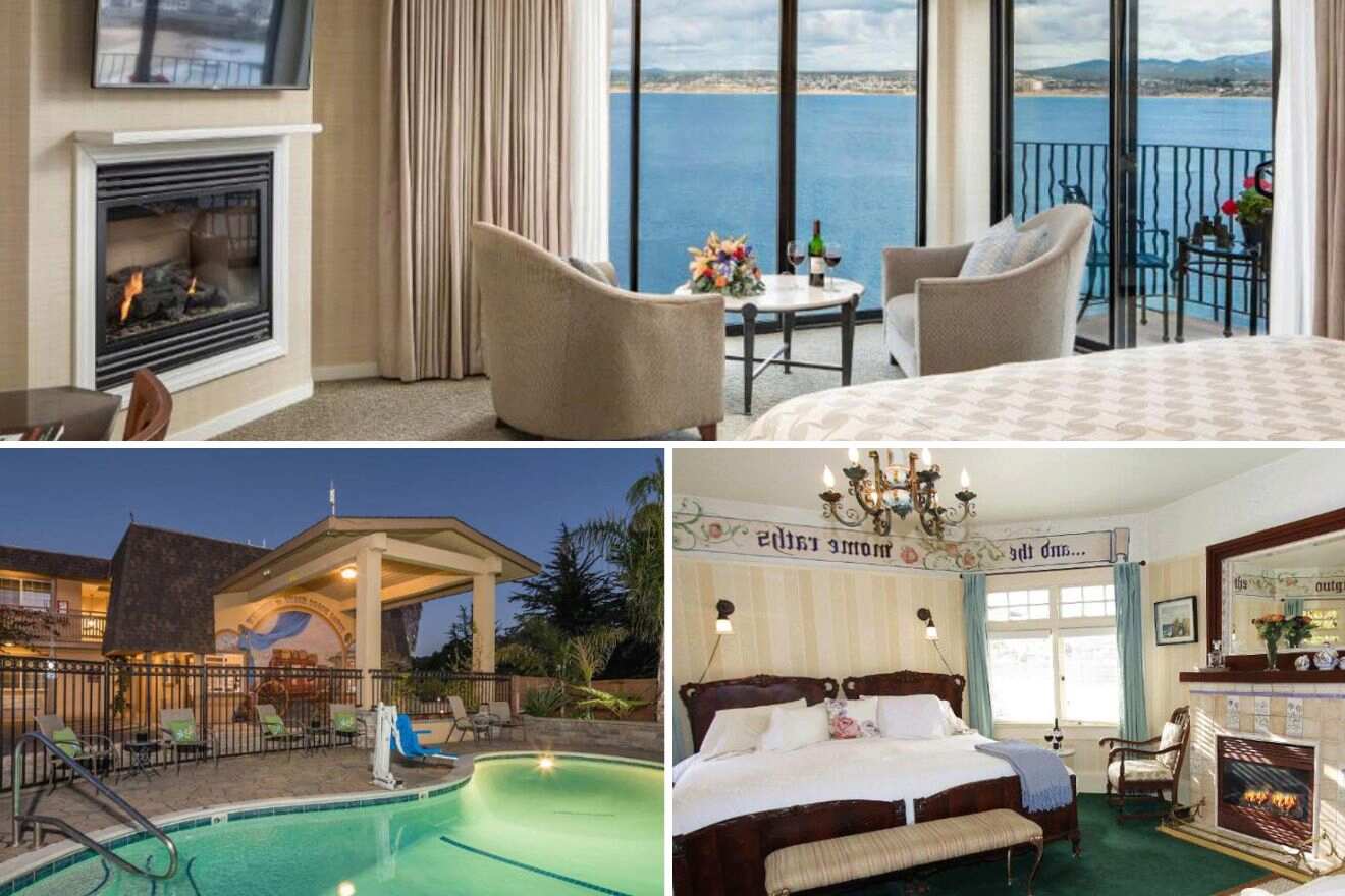 collage of a hotel with a pool, a fireplace and lounge next to large windows and a bedroom