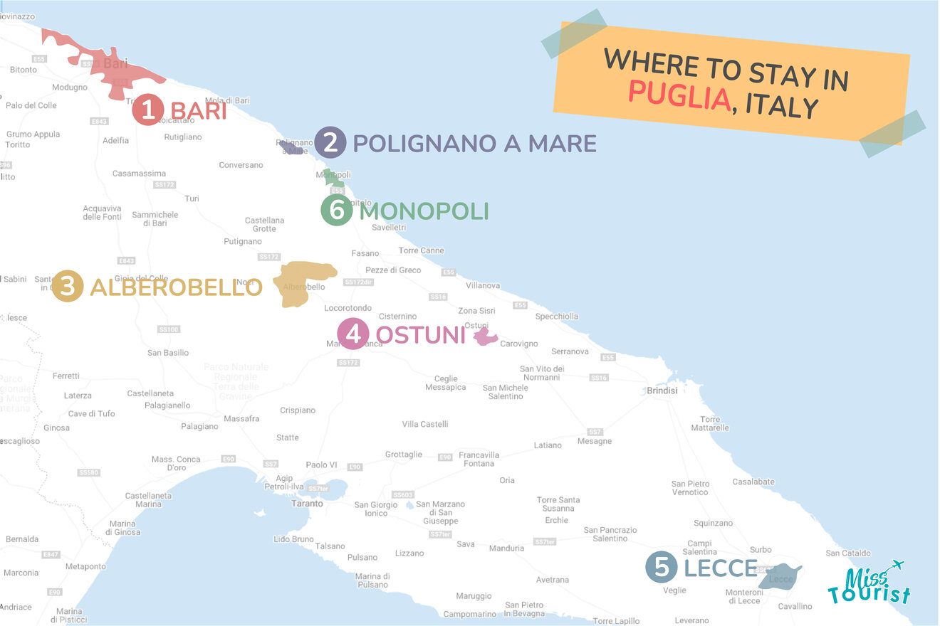 a map of where to stay in Puglia, Italy