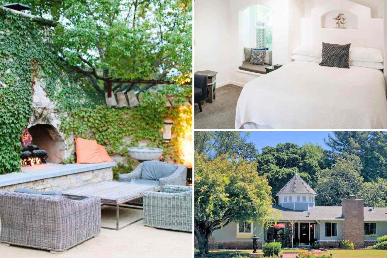 a collage of photos of a house and a bed and an outdoor lounge