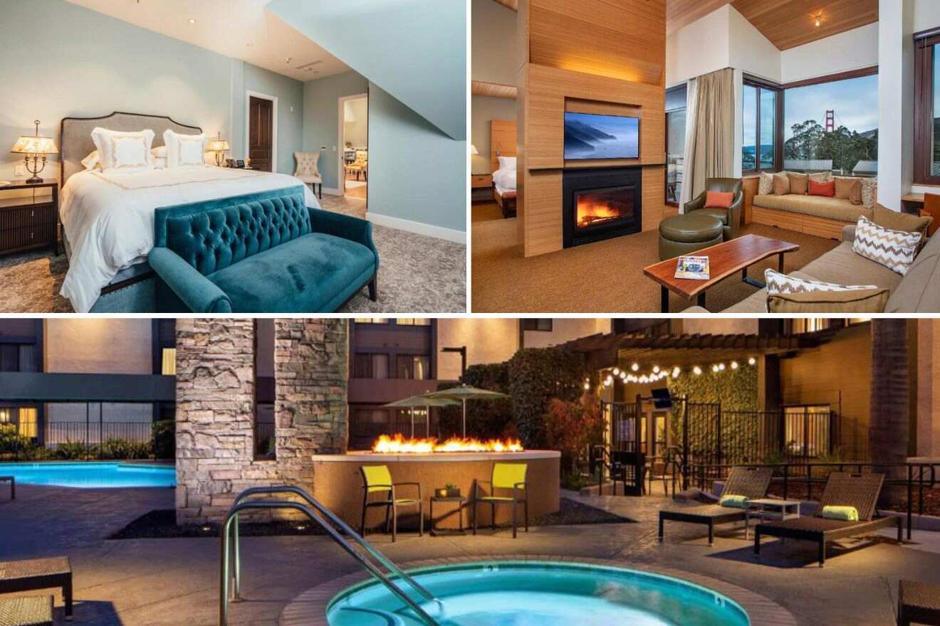 collage of hotels with a hotel room, lounge and a jacuzzi tub and fireplace