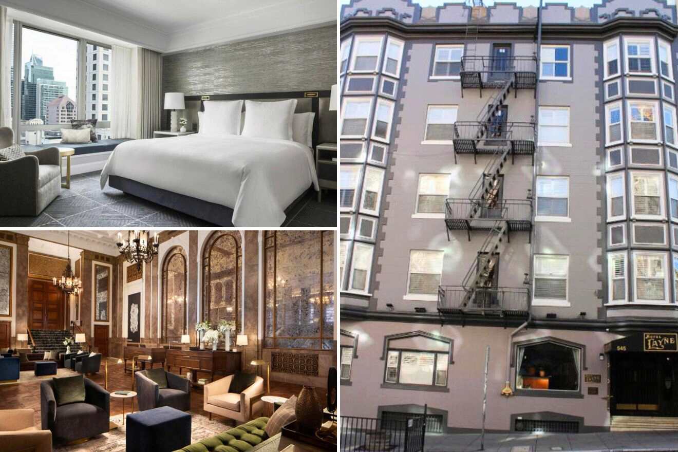 collage with hotel's building, bedroom and vintage looking lounge area