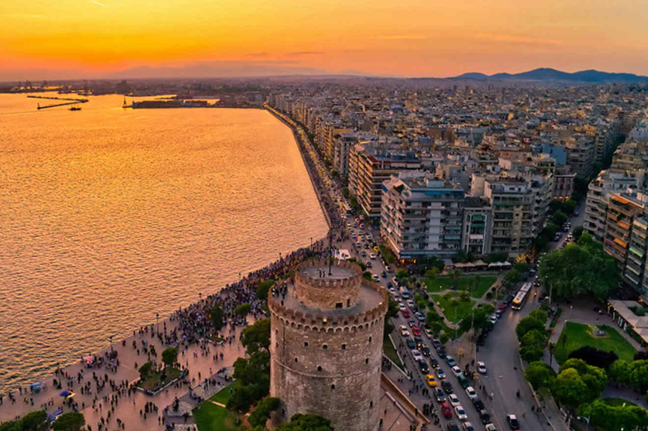 aerial view over the city at sunset